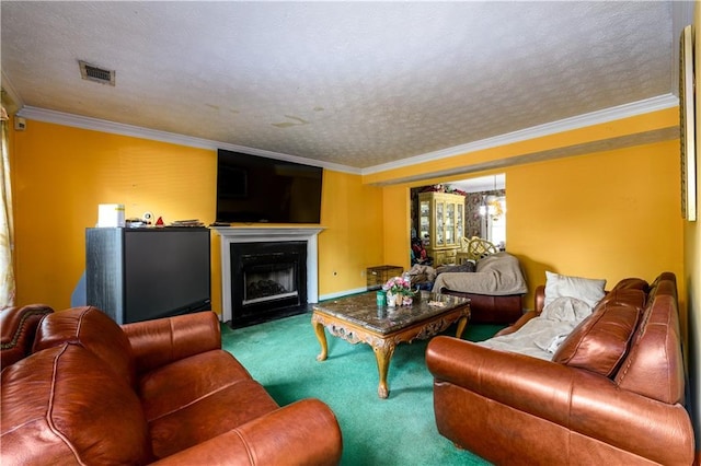 carpeted living room with a textured ceiling and ornamental molding