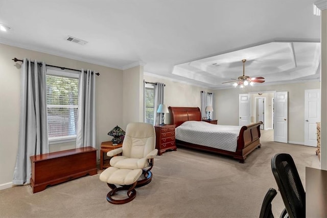 bedroom featuring crown molding, baseboards, light colored carpet, and multiple windows