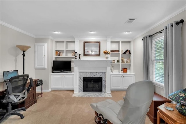interior space with visible vents, ornamental molding, light carpet, a fireplace, and baseboards