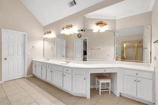 full bath with visible vents, tile patterned flooring, double vanity, lofted ceiling, and a sink