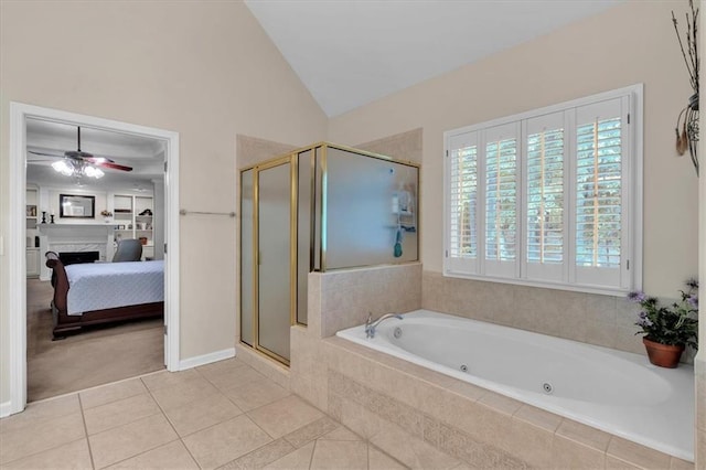 full bathroom with a ceiling fan, a shower stall, tile patterned floors, a whirlpool tub, and ensuite bathroom