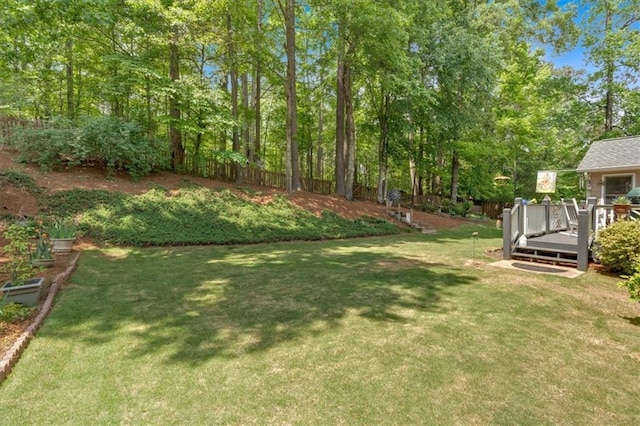 view of yard featuring fence and a deck