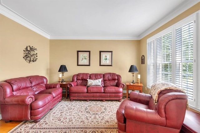 living area featuring ornamental molding and wood finished floors