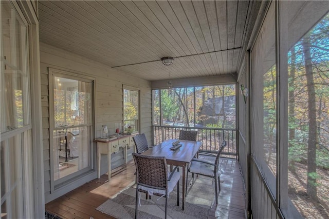 sunroom / solarium featuring wood ceiling