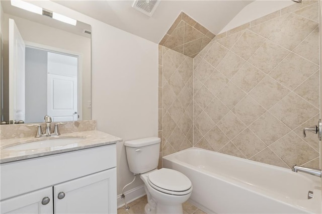full bathroom featuring baseboards, vanity, toilet, shower / tub combination, and tile patterned flooring