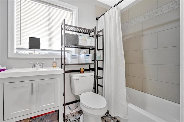 bathroom featuring toilet, vanity, and shower / bathtub combination with curtain