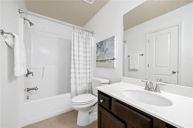 123 Meridian Dr, Woodstock, GA 30188 - bathroom featuring vanity, toilet, shower / bath combo with shower curtain, and tile patterned floors