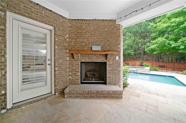 123 Meridian Dr, Woodstock, GA 30188 - view of patio with an outdoor brick fireplace and an in-ground hot tub