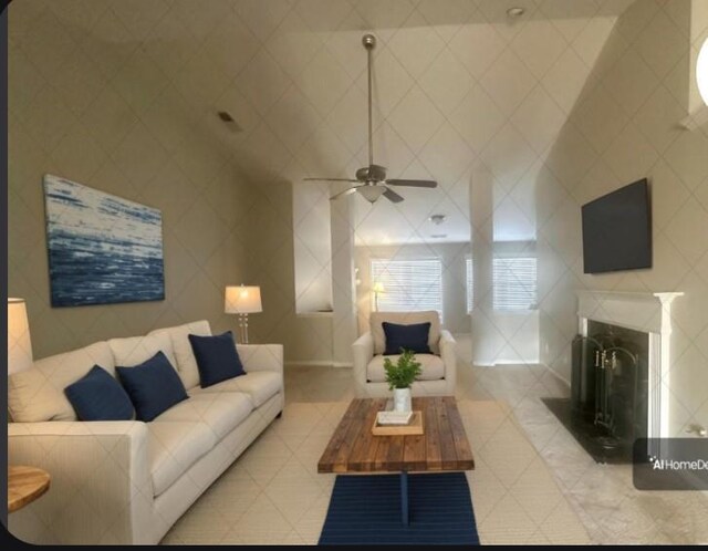 living area featuring a ceiling fan, light tile patterned floors, and tile walls