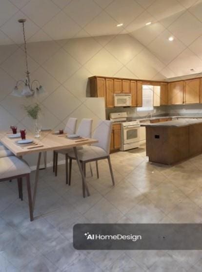 kitchen featuring light countertops, white appliances, a kitchen island, pendant lighting, and brown cabinetry