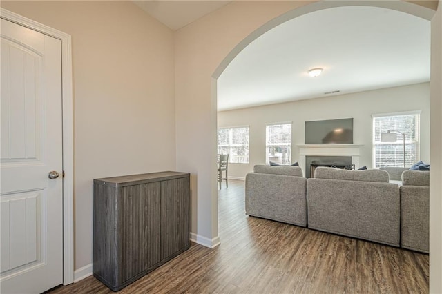 living room featuring a fireplace, wood finished floors, arched walkways, and baseboards