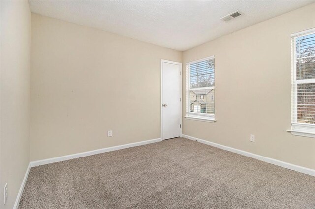 unfurnished room with plenty of natural light, carpet floors, and a textured ceiling