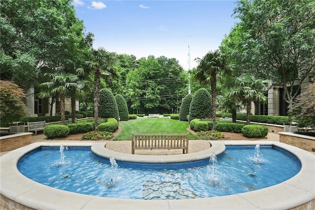 view of pool featuring a yard