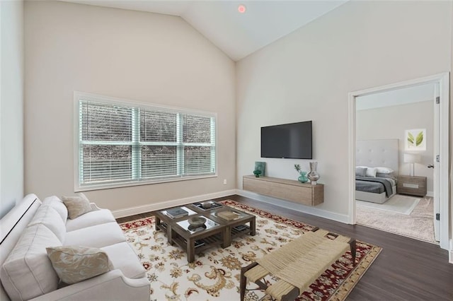 living room featuring high vaulted ceiling and dark wood-type flooring