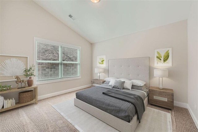 bedroom featuring light carpet and high vaulted ceiling