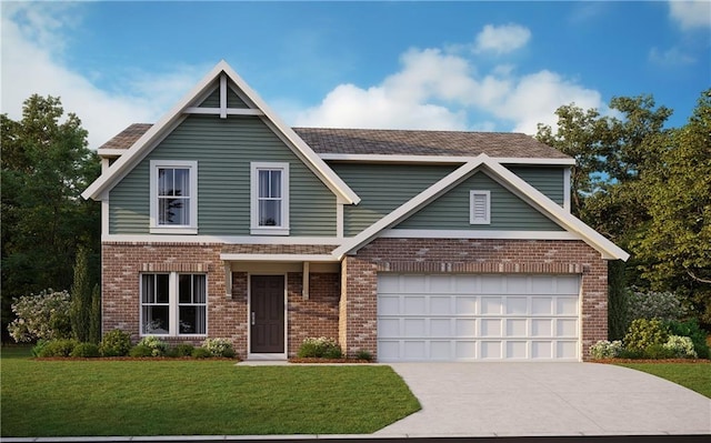 view of front of house with an attached garage, concrete driveway, brick siding, and a front yard