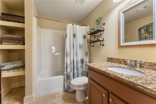 full bathroom featuring toilet, shower / tub combo, tile patterned floors, and vanity