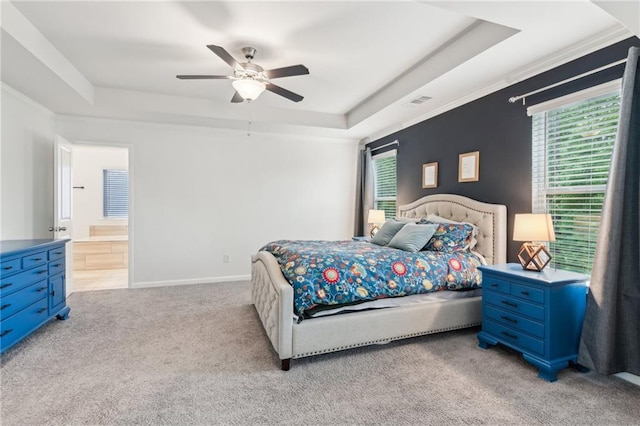 6360 Boulder Rdg, Cumming, GA 30028 - bedroom featuring a raised ceiling, multiple windows, carpet, and ceiling fan