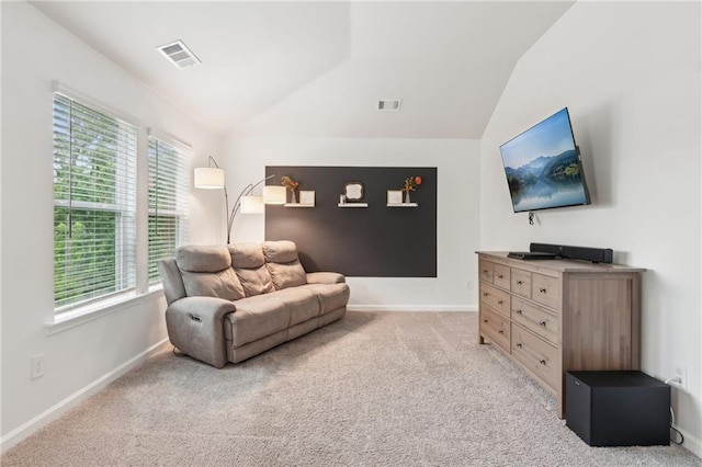 6360 Boulder Rdg, Cumming, GA 30028 - living room featuring vaulted ceiling, plenty of natural light, and light colored carpet