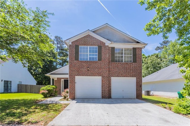 traditional home with central AC unit, driveway, a garage, and brick siding