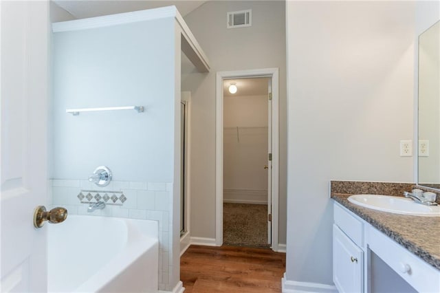 bathroom featuring vanity, wood finished floors, a bath, a stall shower, and a spacious closet