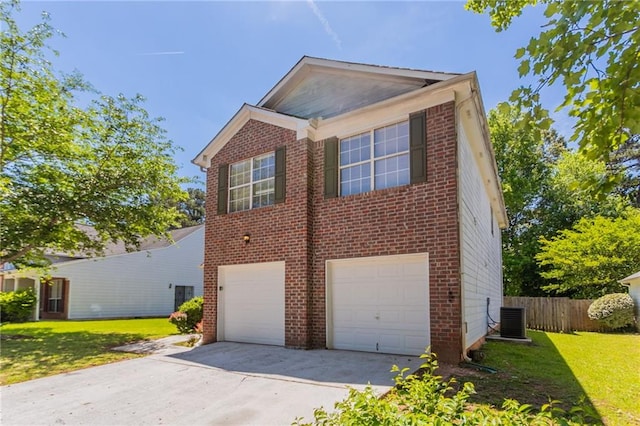 view of front of home featuring a garage, central AC, driveway, and brick siding