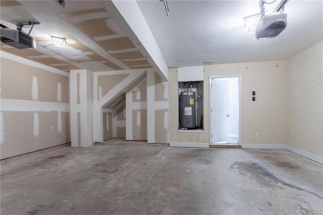 garage with electric water heater and a garage door opener