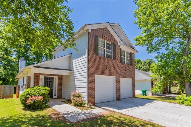 traditional-style home featuring brick siding, an attached garage, driveway, and a chimney