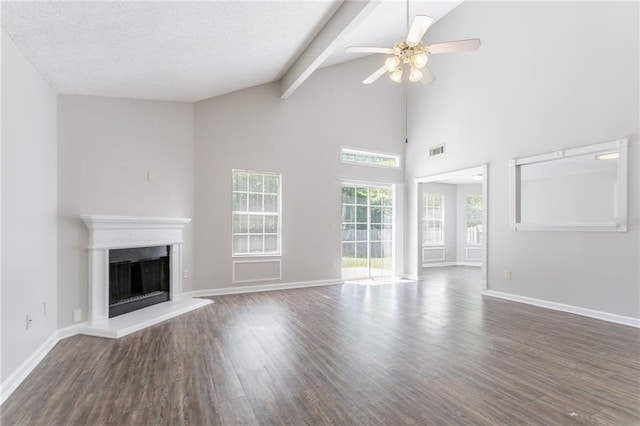 unfurnished living room with ceiling fan, a fireplace with raised hearth, wood finished floors, high vaulted ceiling, and baseboards