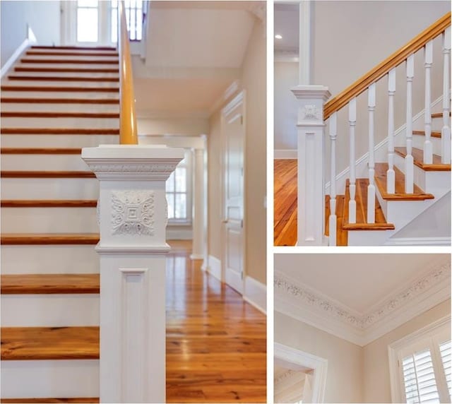 stairway with crown molding, a wealth of natural light, and wood-type flooring