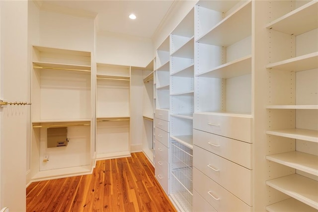 walk in closet with hardwood / wood-style flooring