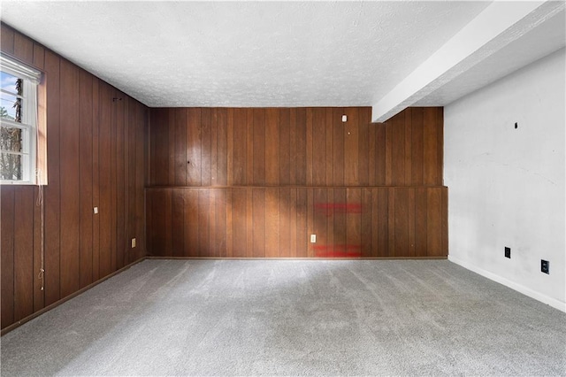 empty room featuring wood walls, carpet, baseboards, and a textured ceiling