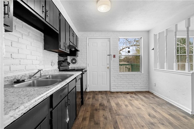 kitchen featuring a wealth of natural light, dark wood finished floors, range, and a sink