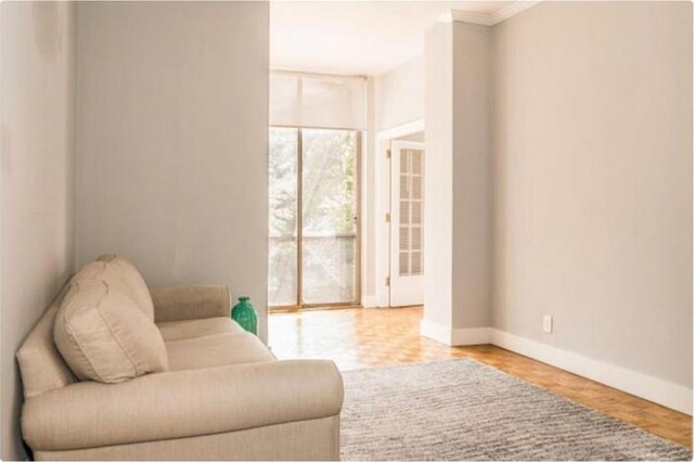 living area with light parquet floors and crown molding