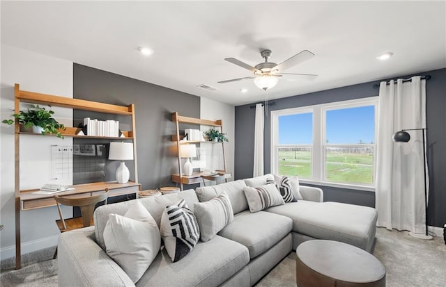 living room with ceiling fan, carpet, visible vents, recessed lighting, and baseboards