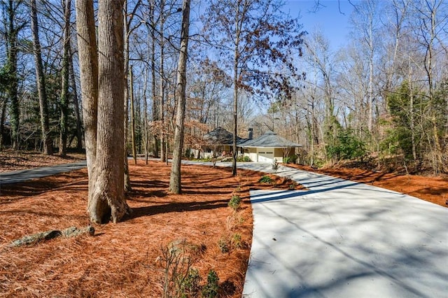 view of yard featuring concrete driveway and a garage