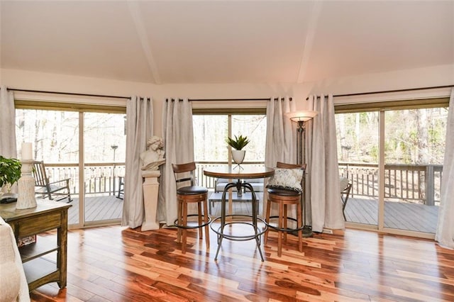 dining room featuring vaulted ceiling, plenty of natural light, and wood finished floors