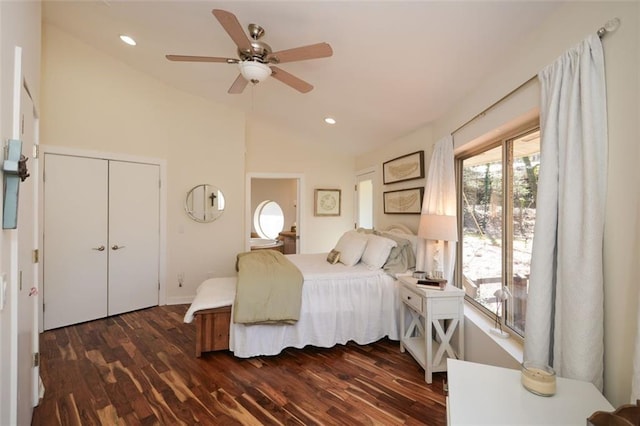 bedroom featuring ceiling fan, vaulted ceiling, dark wood-style flooring, and recessed lighting