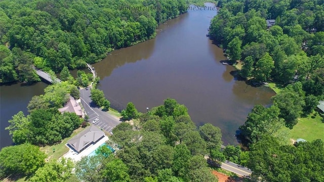 aerial view featuring a water view and a view of trees