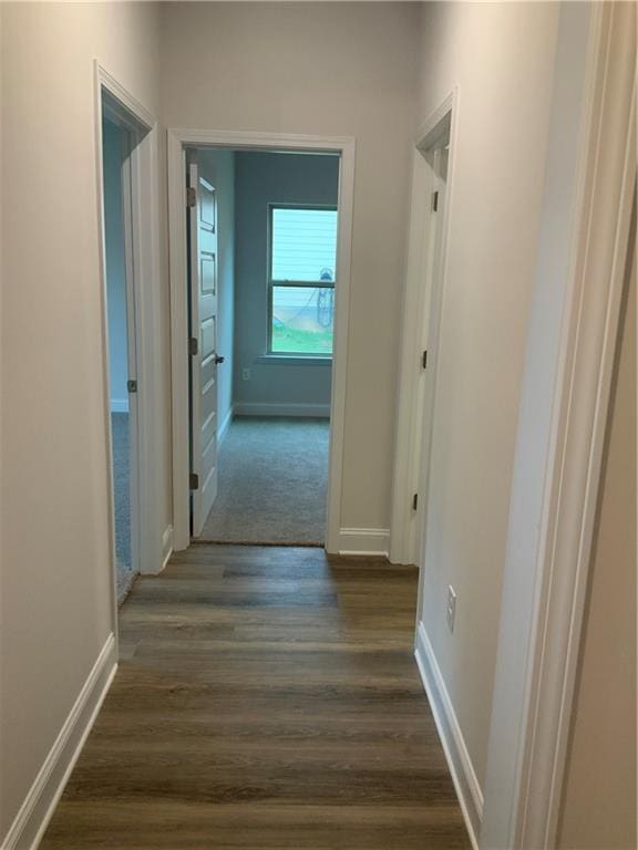 hall featuring baseboards and dark wood-type flooring