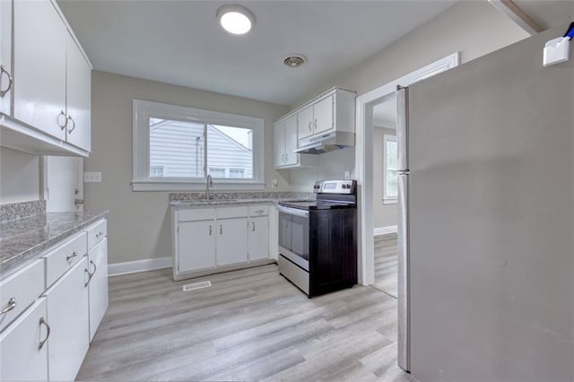 kitchen featuring white cabinets, light wood-type flooring, stainless steel appliances, and sink