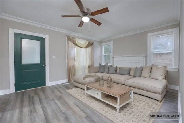 living room featuring light hardwood / wood-style floors, ceiling fan, and ornamental molding