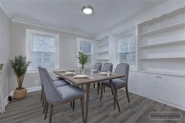 dining area featuring ornamental molding, built in shelves, and dark wood-type flooring