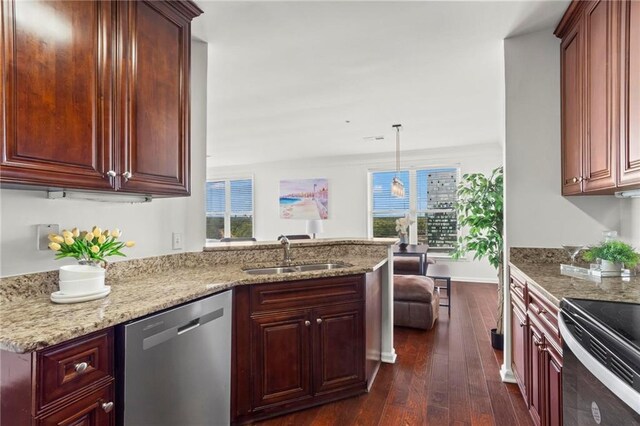 3334 Peachtree Rd NE Unit 1609, Atlanta, GA 30326 - kitchen featuring dishwasher, a sink, dark wood-style flooring, a peninsula, and light stone counters