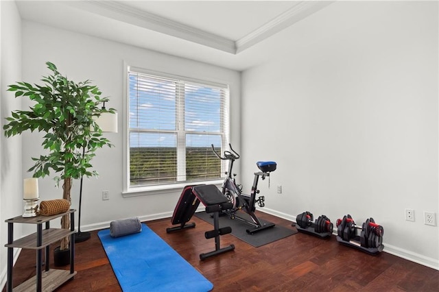 3334 Peachtree Rd NE Unit 1609, Atlanta, GA 30326 - workout area with wood finished floors, ornamental molding, a tray ceiling, and baseboards