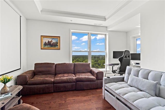 3334 Peachtree Rd NE Unit 1609, Atlanta, GA 30326 - living room featuring a raised ceiling, dark wood-style floors, crown molding, and a desk