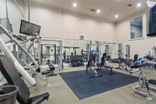 3334 Peachtree Rd NE Unit 1609, Atlanta, GA 30326 - workout area featuring a high ceiling, crown molding, carpet floors, and recessed lighting
