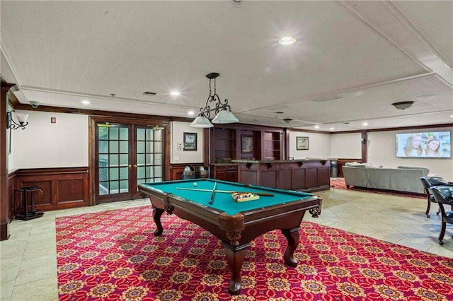 3334 Peachtree Rd NE Unit 1609, Atlanta, GA 30326 - rec room featuring french doors, wainscoting, billiards, light tile patterned floors, and recessed lighting