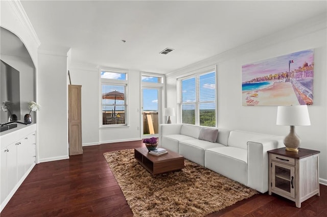 3334 Peachtree Rd NE Unit 1609, Atlanta, GA 30326 - living area featuring ornamental molding, dark wood-type flooring, and baseboards