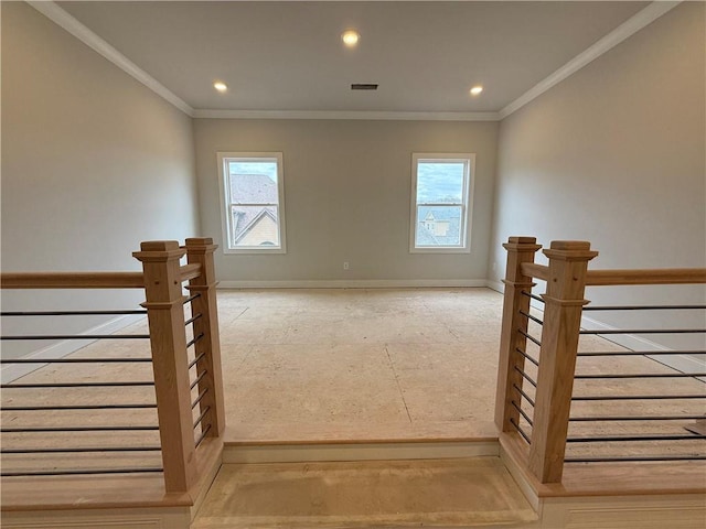 stairway featuring ornamental molding, recessed lighting, a healthy amount of sunlight, and visible vents